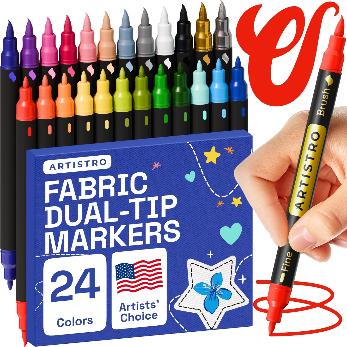 24 Dual-Tip Fabric Markers - Fabric Decorating Kit - Permanent for Clothes - No Bleed Pens for T-Shirts, Bags, Textile, Canvas, and More (Brush Tip and Fine Tip)