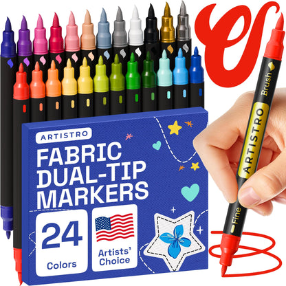 24 Dual-Tip Fabric Markers - Fabric Decorating Kit - Permanent for Clothes - No Bleed Pens for T-Shirts, Bags, Textile, Canvas, and More (Brush Tip and Fine Tip)