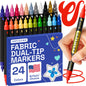 24 Dual-Tip Fabric Markers - Fabric Decorating Kit - Permanent for Clothes - No Bleed Pens for T-Shirts, Bags, Textile, Canvas, and More (Brush Tip and Fine Tip)