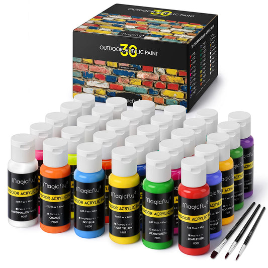 Outdoor Acrylic Paint, Set of 30 Colors/Tubes (60 ml, 2 oz.) with Storage Box, Rich Pigments, Multi-Surface Paints for Rock, Wood, Fabric, Leather, Paper, Crafts, Canvas and Wall Painting