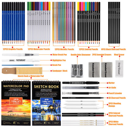 Art Supplies Drawing Pencils Set - 76 Pack Pro Sketching Kit with Sketchbook & Watercolor Pad, Includes Graphite, Charcoal, Watercolor & Metallic Pencils for Kids, Teens, Adults