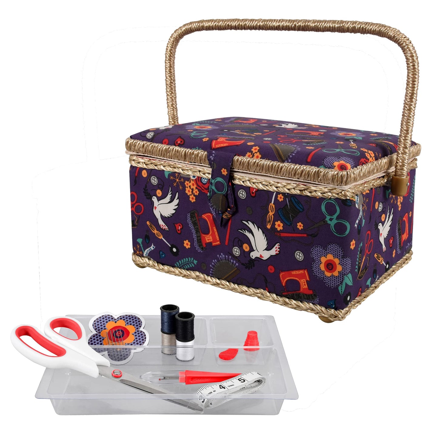 Sewing Basket with Sewing Kit, Needles, Thread, Scissors, and Notions- Purple