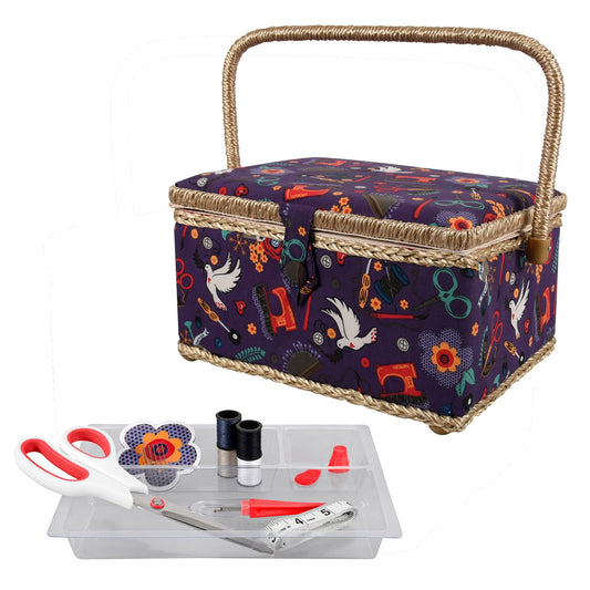 Sewing Basket with Sewing Kit, Needles, Thread, Scissors, and Notions- Purple