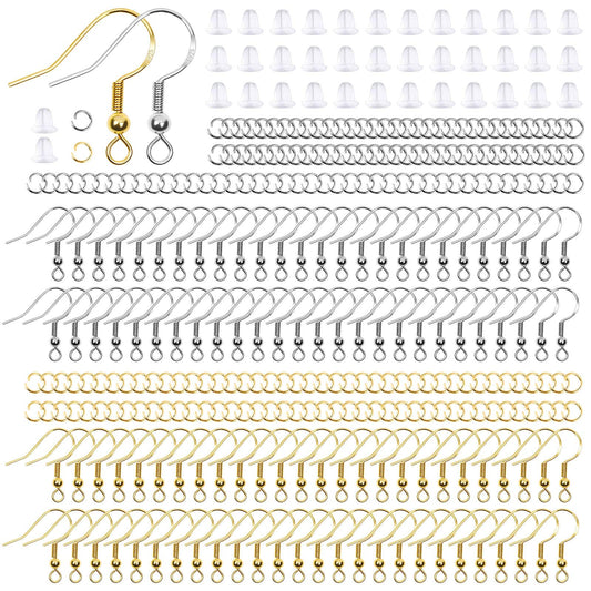 Hypoallergenic Earring Hooks, 600Pcs Earring Making Kit with Hypoallergenic Earring Hooks, Jump Rings and Clear Rubber Earring Backs for DIY Jewelry Making (Silver and Gold)