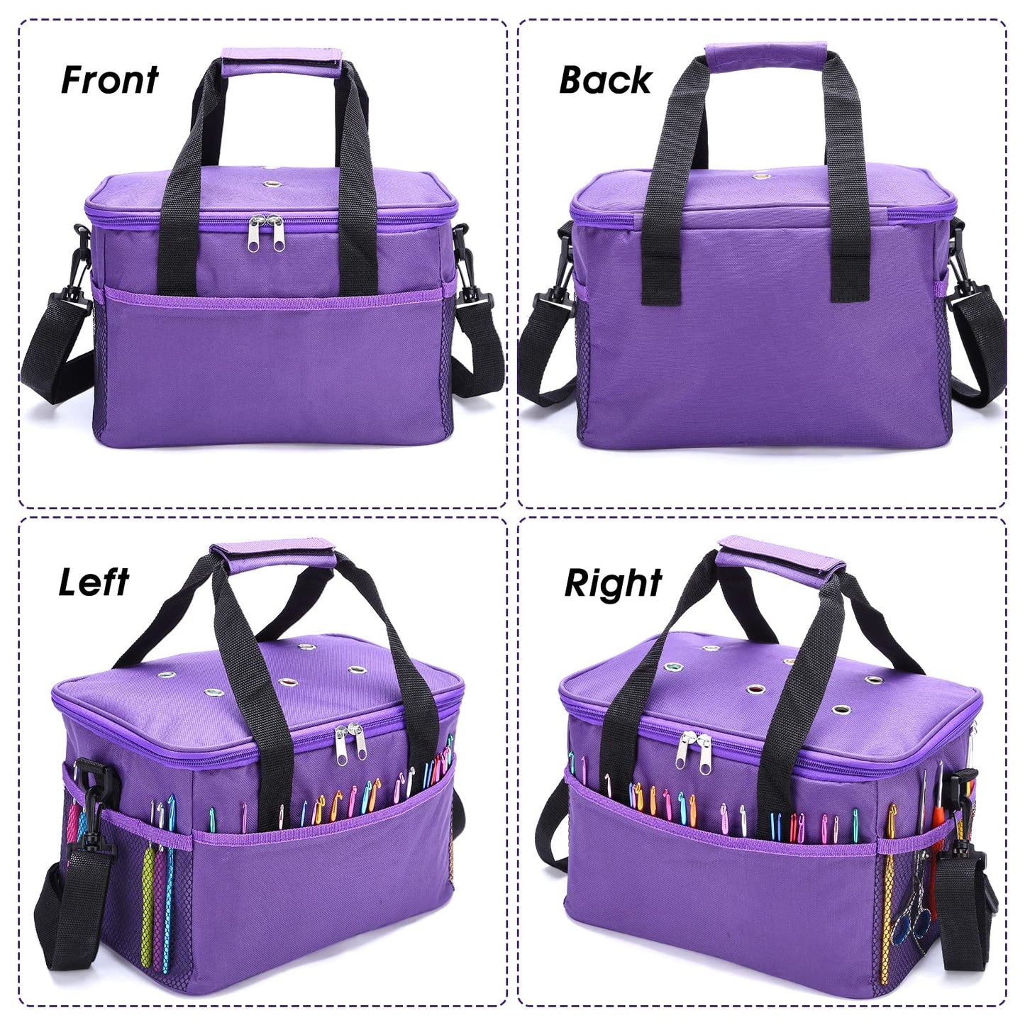 Crochet Bag for Beginners, High Capacity Yarn Totes Organizer with Inner Divider Portable for Crochet Hooks, Knitting Needles, Project and Supplies, Purple