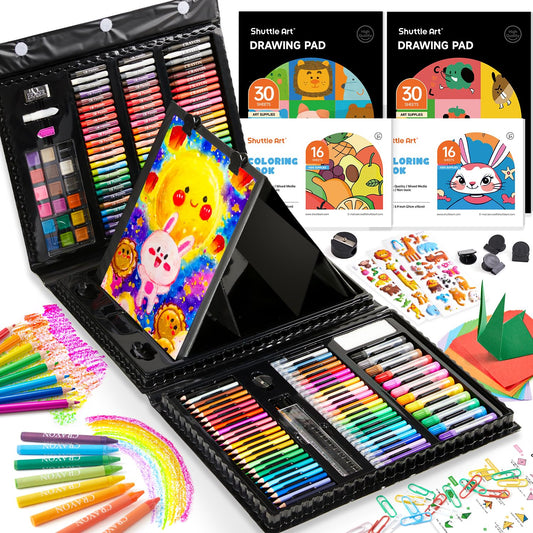 335 Piece Kids Art Set, Multi-Media Art Supplies, Gift Art Kit with Trifold Easel, 2 Drawing Pads, 2 Coloring Books, Oil Pastels, Crayons, Watercolors, Markers, Colored Pencils (Black)