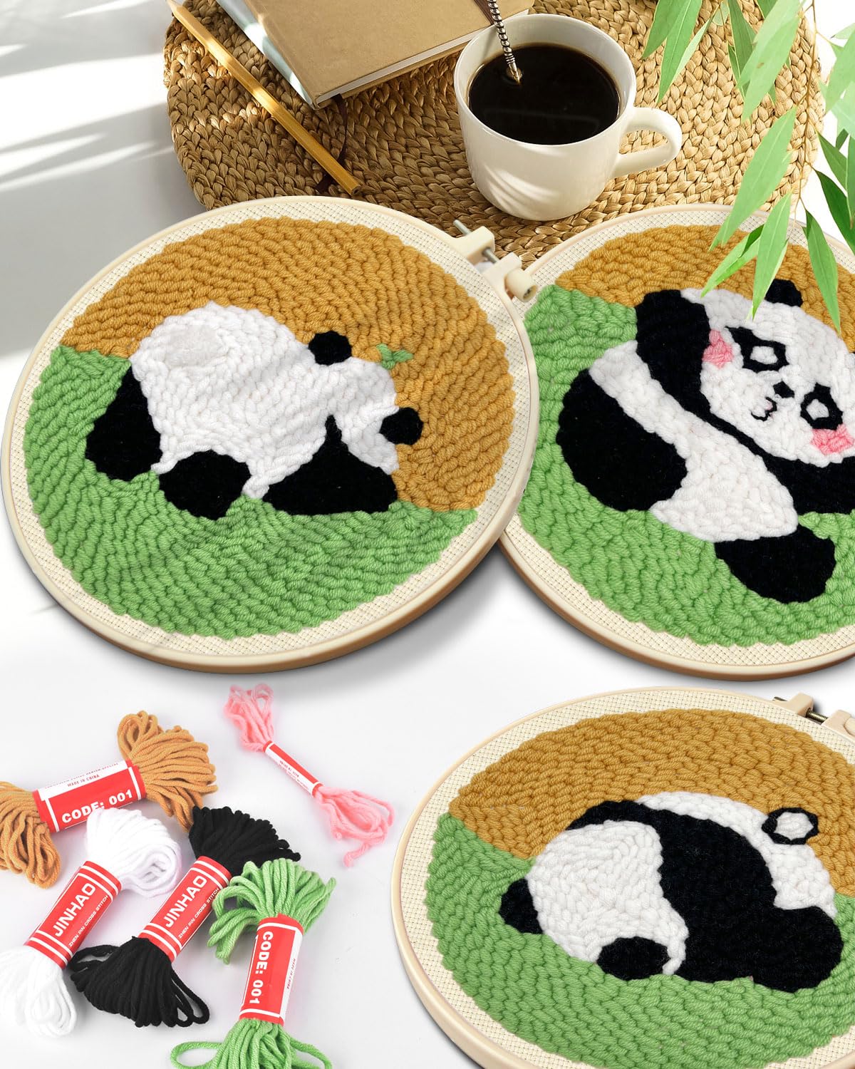 3 Sets Punch Needle Embroidery Kits, Panda Punch Needle Kits for Adults Beginner, Tool with Punch Needle Fabric, Hoops, Yarns and Sewing Needles