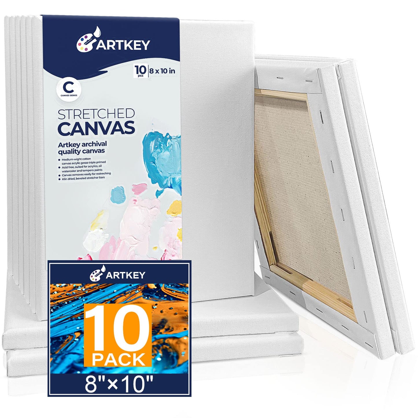 Canvases for Painting 8 x 10 Inch 10 - Pack, 5/8" Profile Stretched Canvas - 10 oz Primed, 100% Cotton White Blank Canvas - Art Paint Canvases for Acrylic Oil Paint