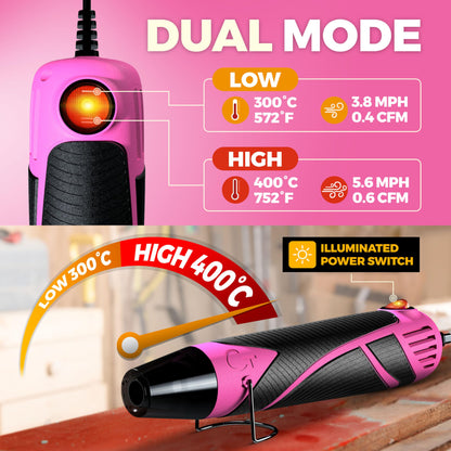 Heat Gun for Crafting, Mini Dual Temp Hot Air Gun Tool for Epoxy Resin, Shrink Wrapping, Vinyl Wrap, Embossing, Electronics, Candle Making, Sublimation, Phone Repair & DIY (Pink/Black)