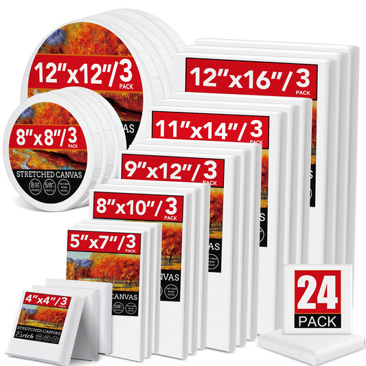 24 Pack Canvases for Painting with 4"x4", 5"x7", 8"x10", 9"x12", 11"x14", 12"x16", Round Canvas with 12"x12", 8"x8", 3 of Each, Painting Canvas for Oil & Acrylic Paint.