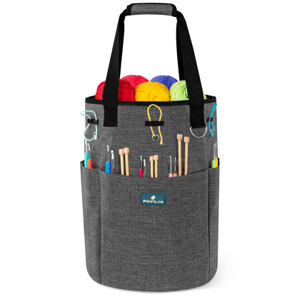 Crochet Bag Knitting Bag Organizer, Yarn Bag Storage Tote for Crocheting On The Go, Knitting Accessories Supplies Holder with Grommets, Gift for Crochet Lovers Knitters (Charcoal Gray)