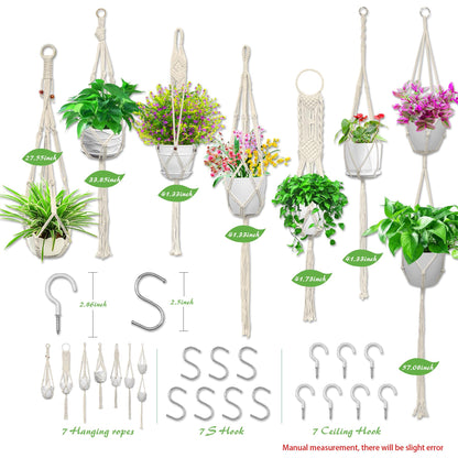 Macrame Plant Hanger,7 Pack Plant Hanger Indoor Hanging Planters with 7Pcs Ceiling and S Hooks-Handmade Macromay Plant Hangers Outdoor Macrame Plant Holder for Boho Home Decor