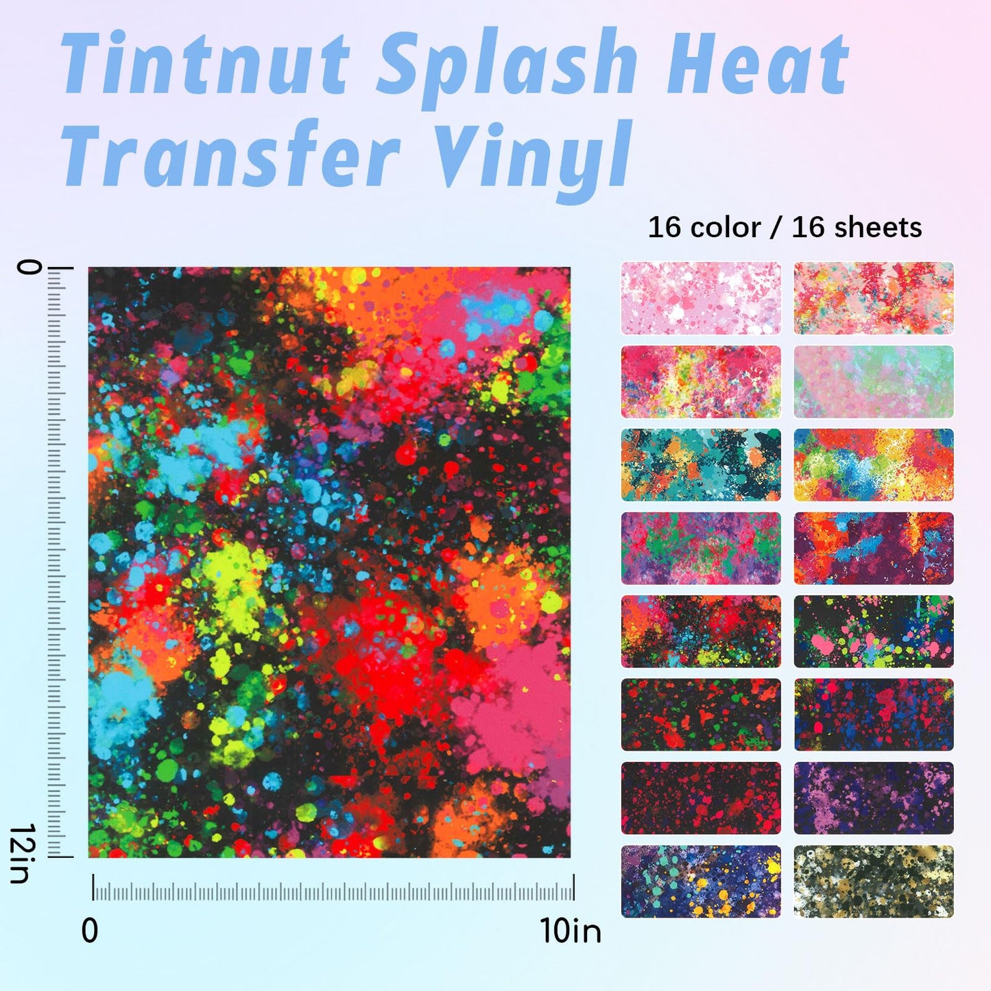 Splash Heat Transfer Vinyl - 16 Sheets 10x12 Inch HTV Ink Watercolor Iron On Vinyl for T-Shirts Hats Clothes,for Cricut & Silhouette Cameo