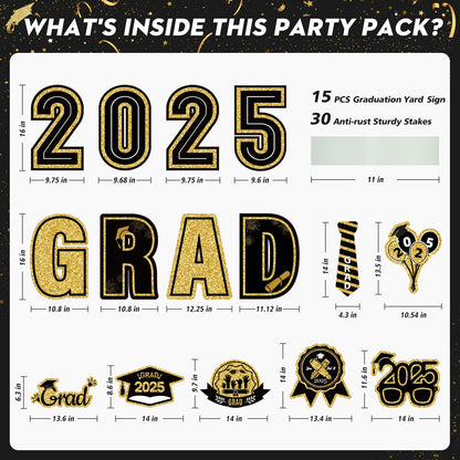 15 Pieces Graduation Decorations 2025 Outdoor Yard Sign, Class of 2025 Congrats Grad Yard Sign with 30 Stakes for Graduation Party Garden Lawn Decoration Supplies(Black Gold)