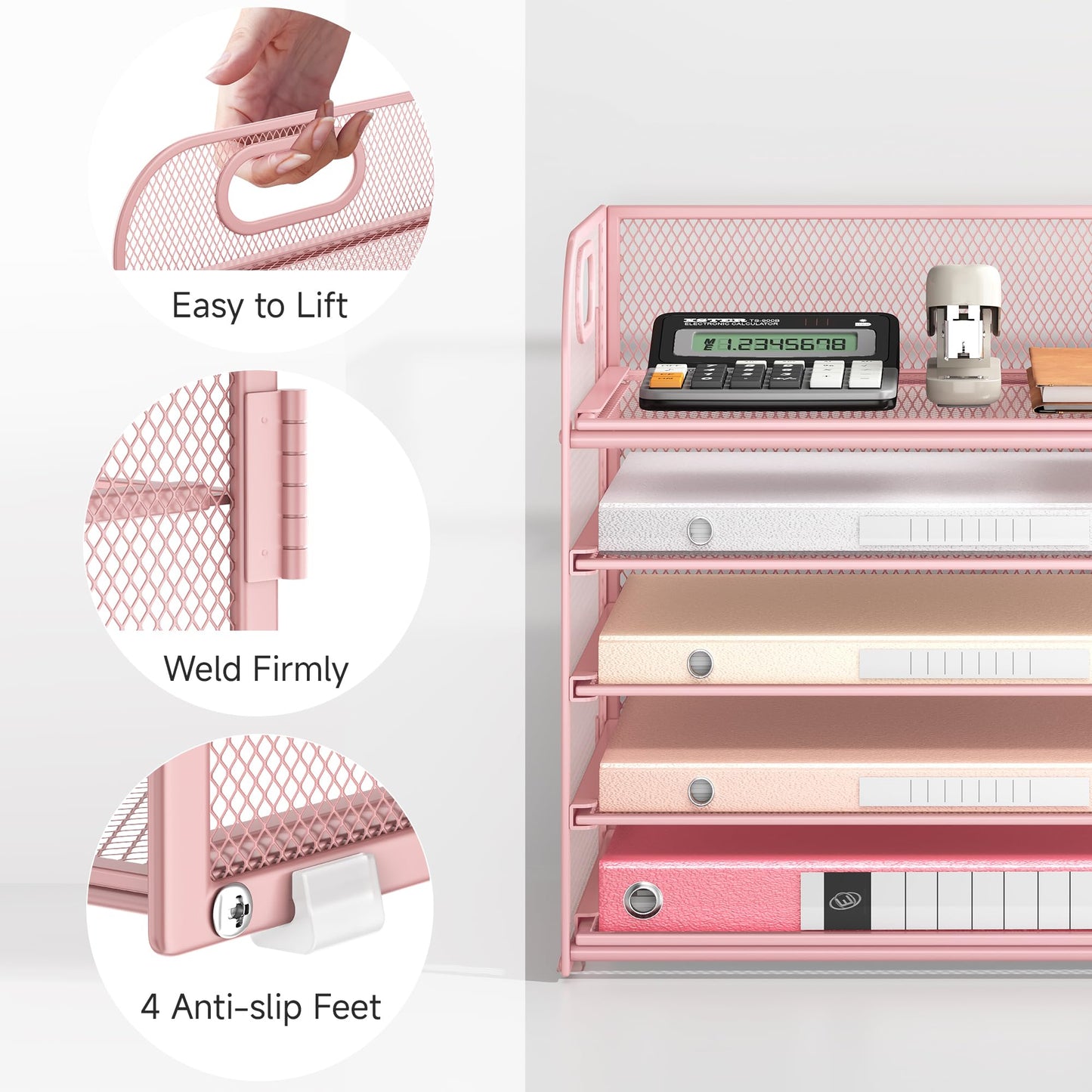 5 Tray Paper Organizer Letter Tray with Handle - Mesh Desk File Organizer, Paper Sorter Organizer for Office, Home or School File Folder Holder - Pink