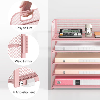 5 Tray Paper Organizer Letter Tray with Handle - Mesh Desk File Organizer, Paper Sorter Organizer for Office, Home or School File Folder Holder - Pink