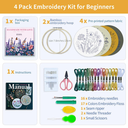 4 Pack Beginner Embroidery Kits for Adults – DIY Starter Set with Stamped Floral Patterns, 7-Inch Adjustable Bamboo Hoop, Colorful Threads, Tools, Step-by-Step Instructions & Video Tutorials