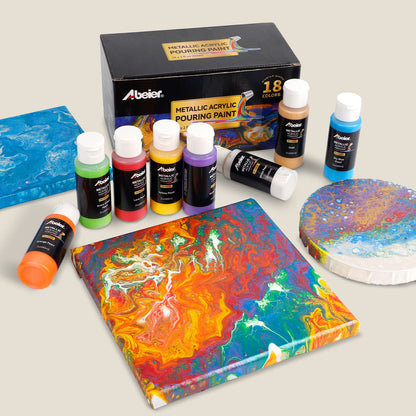 Metallic Acrylic Pouring Paint Set - Set of 18 Metallic Colors - Pre-Mixed High Flow & Ready to Pour - 2 oz./ 59 ml Bottles - Multi-purpose Paints for Canvas & Paper, Rocks, Wood and More