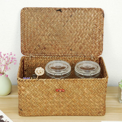 Large Square Sea Grass Baskets for Storage Seaweed Woven Sundries Baskets Sturdy and Durable Natural Material for Make-up with Lid Big Rectangular Seagrass Towel Baskets for Organizing