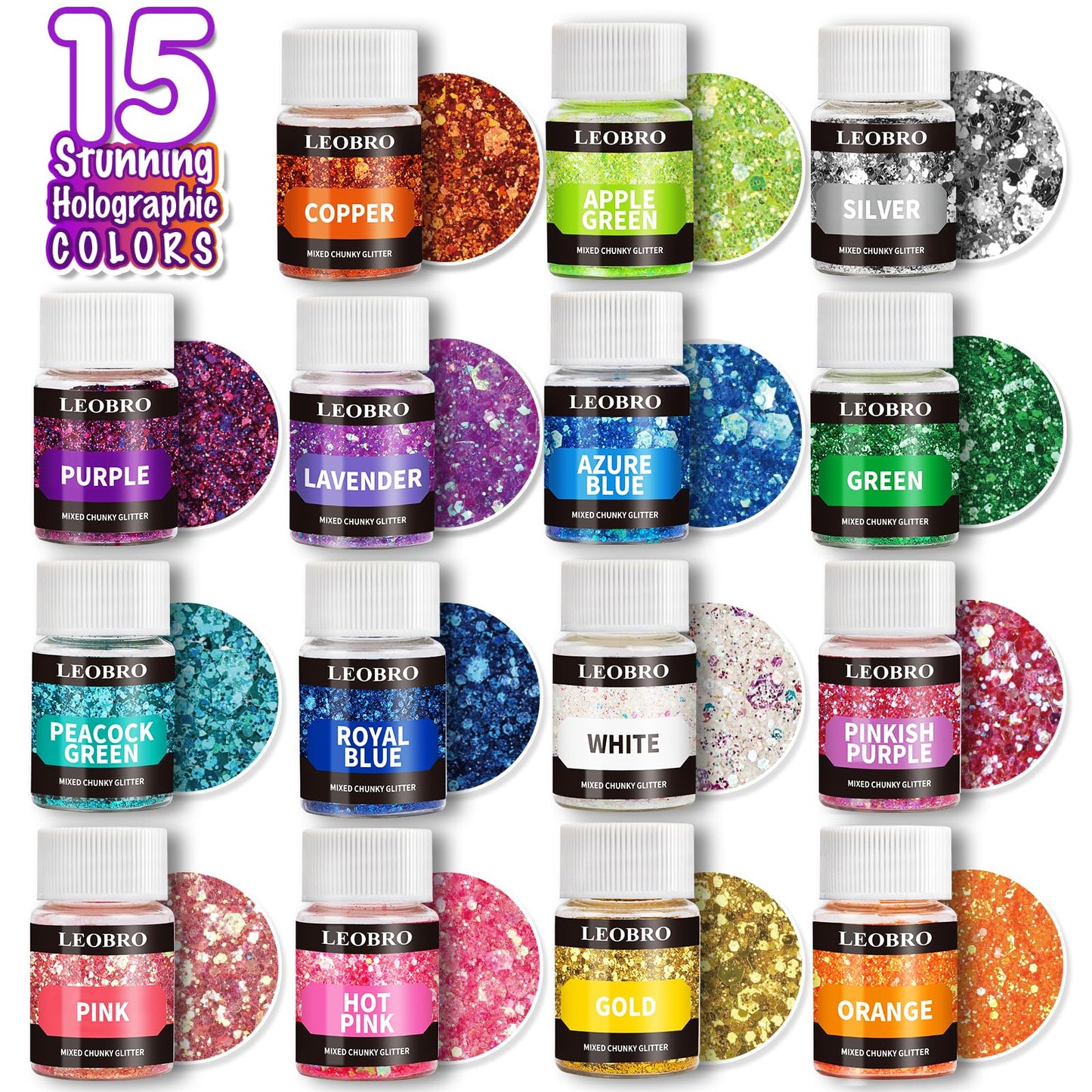 Holographic Chunky Glitter, 15 Colors Craft Glitter for Resin, Nail Body, Jewelry Arts and Crafts, with 5 Mixing Spoons