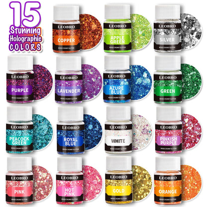 Holographic Chunky Glitter, 15 Colors Craft Glitter for Resin, Nail Body, Jewelry Arts and Crafts, with 5 Mixing Spoons