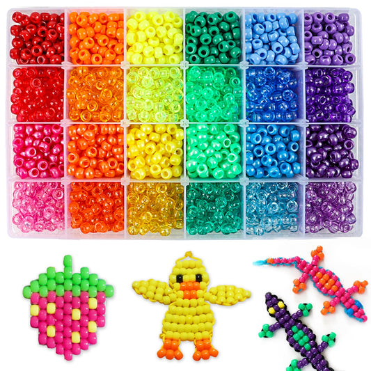2880pcs Pony Beads Kit, Kandi Beads for Hair, Rainbow Beads Plastic Bead for Craft 6 x 9mm 24 Colors 4 Styles Large Hole Beads Set for Bracelets Jewelry Making