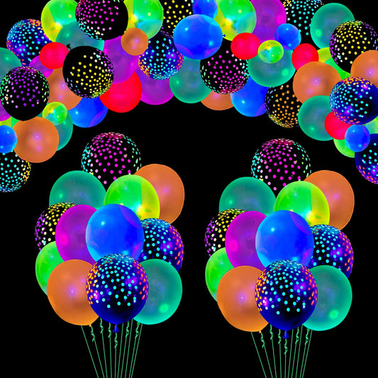 109 Pack UV Neon Balloons - Light Up, Glow in The Dark, Blacklight Reactive, Fluorescent Polka Dot Latex Balloons - Neon Party Supplies With Black Lights - Assorted Colors