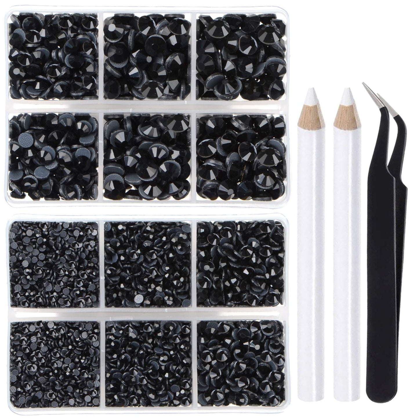 6400 Pieces Hotfix Rhinestones Black Flat Back 5 Mixed Sizes Crystal Round Glass Gems with Tweezers and Picking Rhinestones Pen
