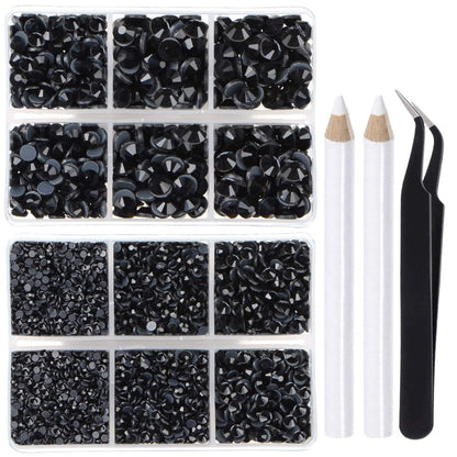 6400 Pieces Hotfix Rhinestones Black Flat Back 5 Mixed Sizes Crystal Round Glass Gems with Tweezers and Picking Rhinestones Pen