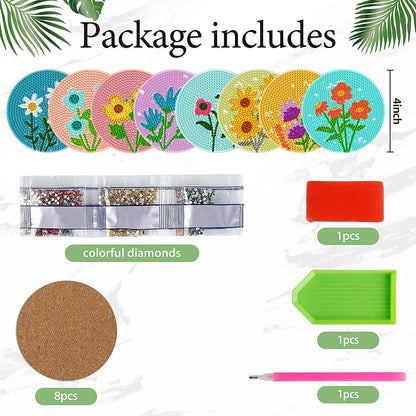 8 Pcs Diamond Art Coasters Kit Not with Holder, Diamond Art Kits for Adults Beginners Small Diamond Painting Coasters, Arts and Crafts for Adults Supplies Item Sets (Flowers)