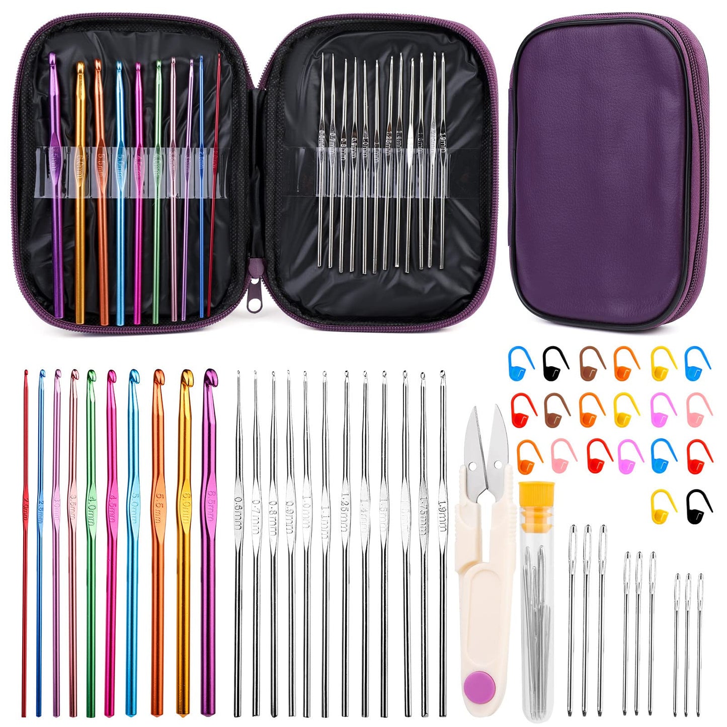 54 Pcs Crochet Hooks Set, Crochet Needles Set with Purple Storage Case, Ergonomic Knitting Needles Blunt Needles Stitch Marker DIY Hand Knitting Craft Art Tools for Beginners