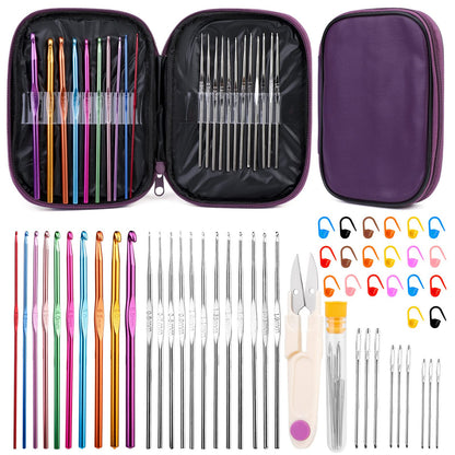 54 Pcs Crochet Hooks Set, Crochet Needles Set with Purple Storage Case, Ergonomic Knitting Needles Blunt Needles Stitch Marker DIY Hand Knitting Craft Art Tools for Beginners