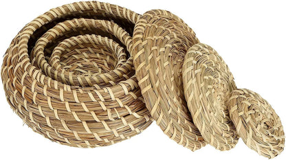 Set of 3 Small Wicker Basket with Lid, Round Woven Seagrass Baskets, Little Handmade Rattan Storage Basket Box for Shelf, Home, Bathroom Decor