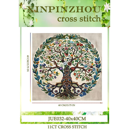 Tree of Life 11ct Cross Stitch Kits, 11 CT Funny Pre Printed Counted Stamped Cross Stitch Embroidery Needlepoint Needlework Patterns Kits for Beginners Adults Crossstitch 40x40 cm