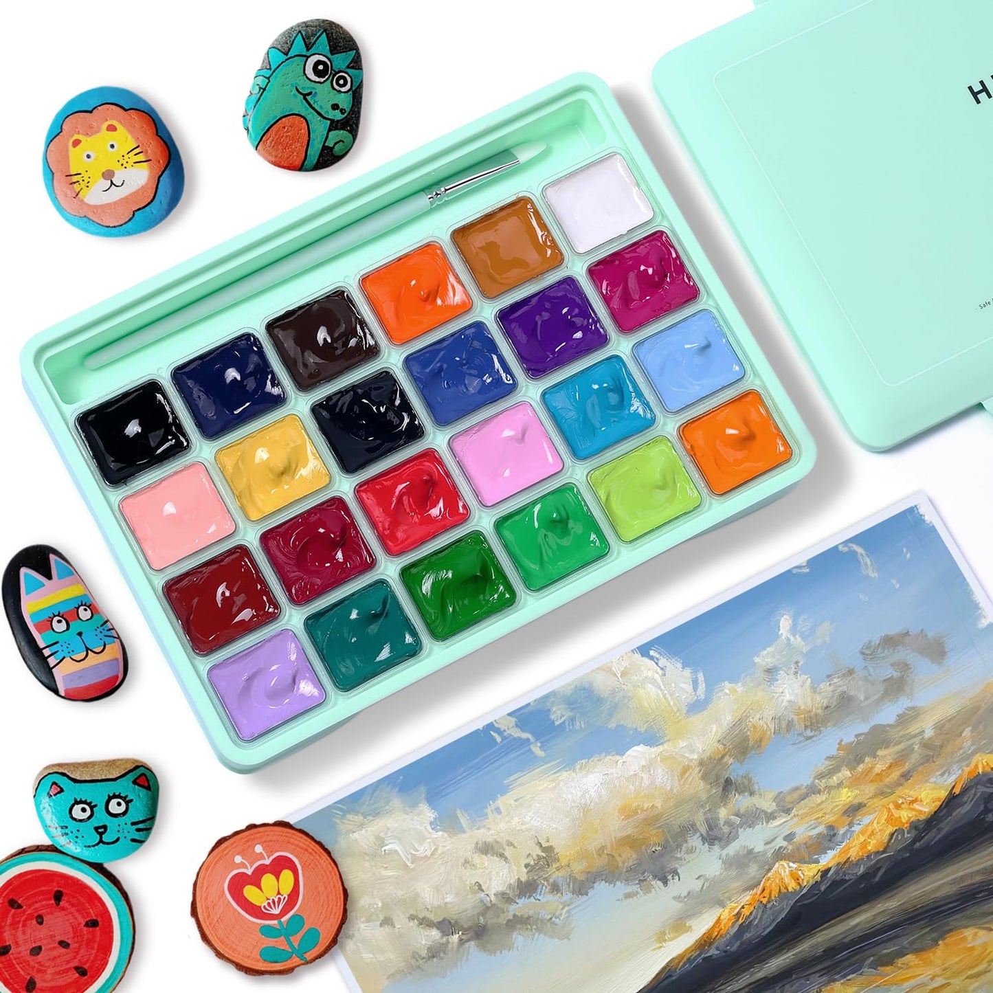 Gouache Paint Set, 24 Colors x 30ml Unique Jelly Cup Design with 3 Paint Brushes and a Palette in a Carrying Case, Non-Toxic Gouache Paint Perfect for Artists, Students(Green)