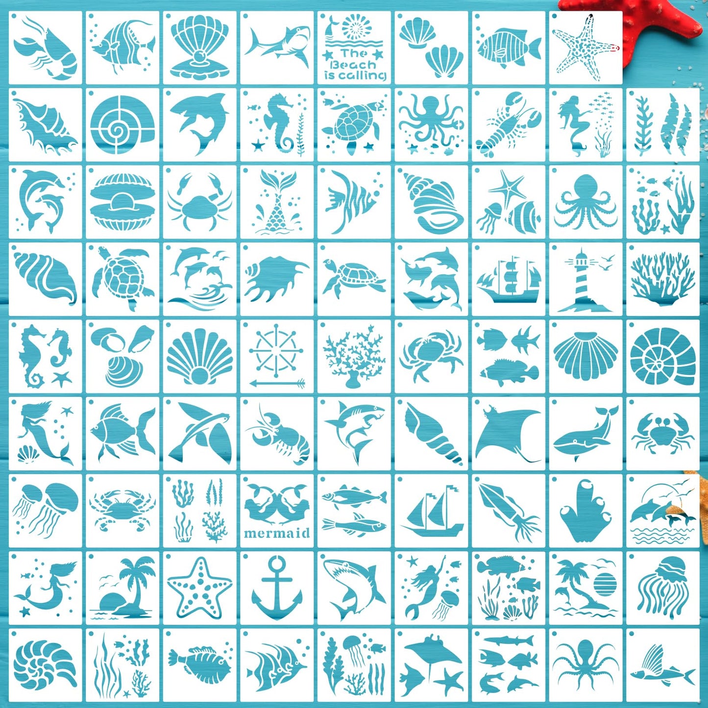 80 Pcs 3 x 3 Inch Stencils for Painting on Wood, Reusable Sea Ocean Creatures Mermaid Dolphin Shark Plastic Stencils DIY Craft Paint Template Set for Wall Home Decor