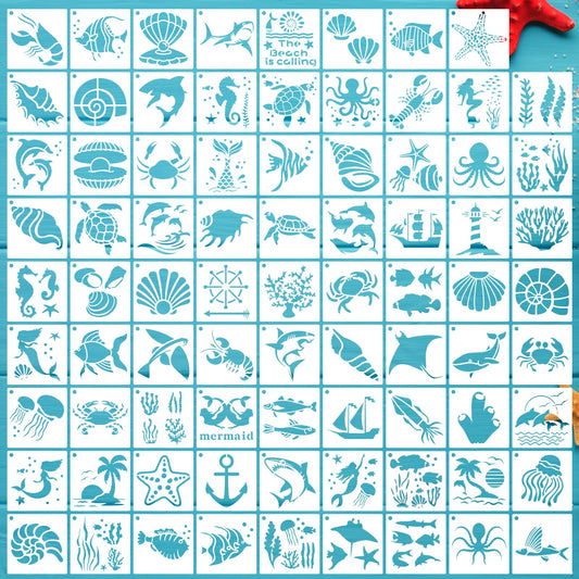 80 Pcs 3 x 3 Inch Stencils for Painting on Wood, Reusable Sea Ocean Creatures Mermaid Dolphin Shark Plastic Stencils DIY Craft Paint Template Set for Wall Home Decor
