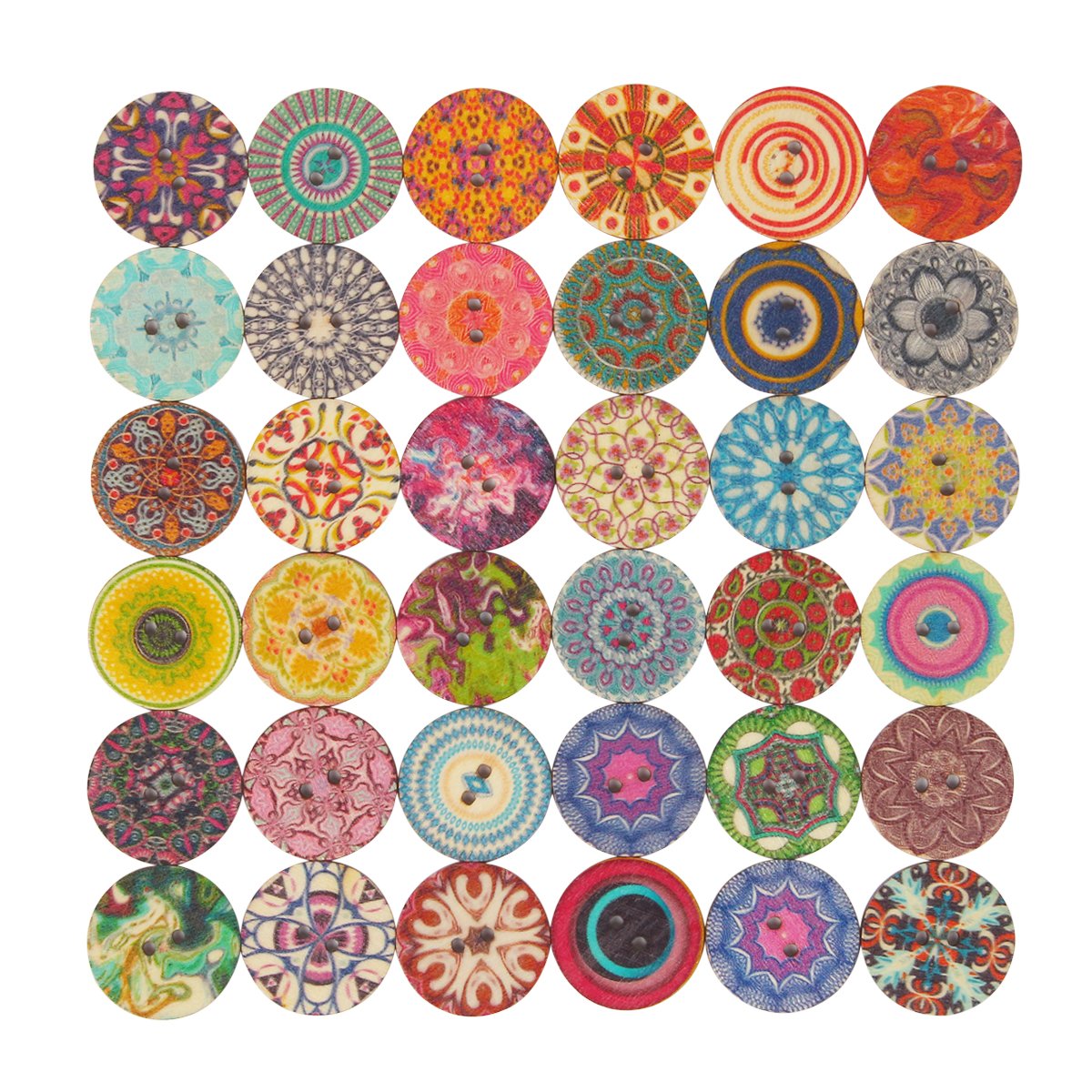 100pcs Mixed Random Flower Painting Round 2 Holes Wood Wooden Buttons for Sewing Crafting 20mm