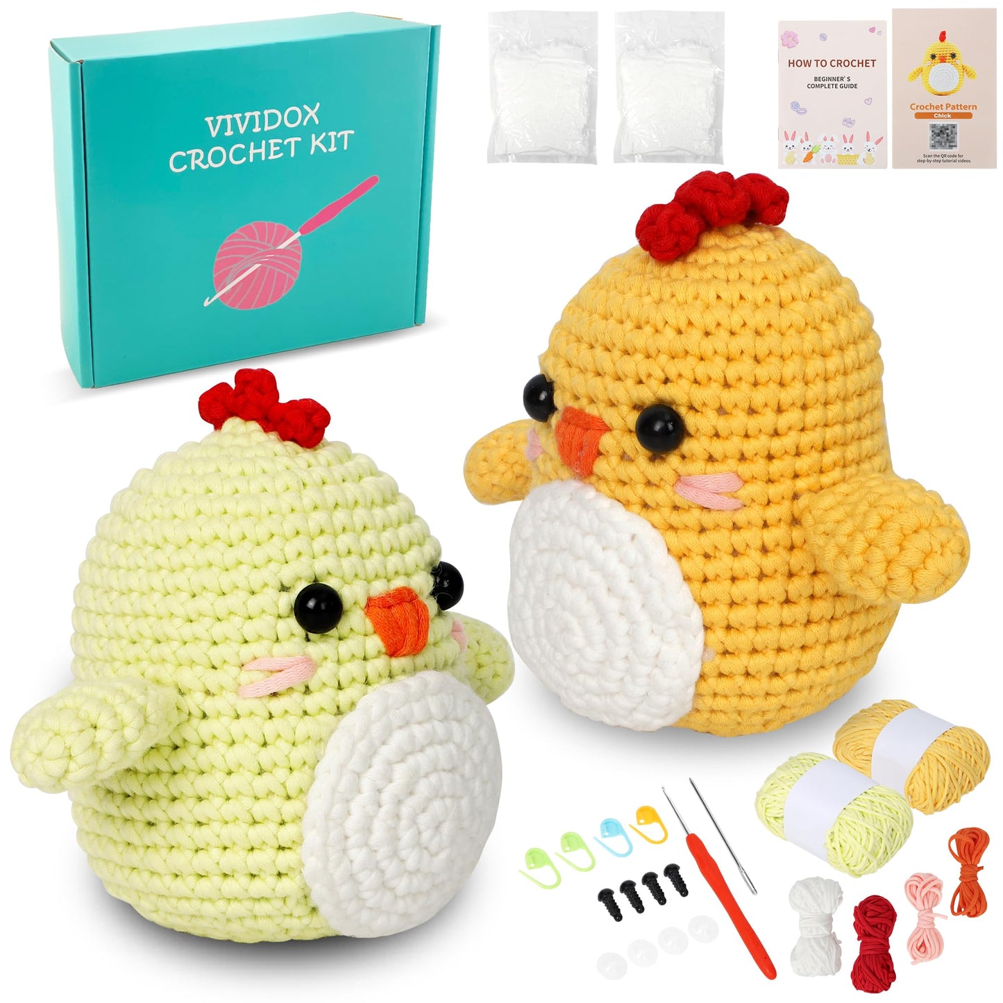 2 Pack Chick Crochet Kit for Beginners Adults Kids with Easy Yarn 3.5in Tall Animal Crocheting Starter Set with Step-by-Step Video Tutorials, DIY Knitting Kit with Complete Tools(Yellow+Green)