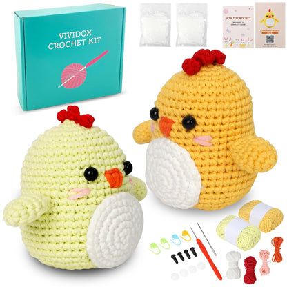 2 Pack Chick Crochet Kit for Beginners Adults Kids with Easy Yarn 3.5in Tall Animal Crocheting Starter Set with Step-by-Step Video Tutorials, DIY Knitting Kit with Complete Tools(Yellow+Green)