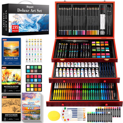Art Supplies, iBayam 195 Pack Art Set Drawing Kit for Kids Teens Girls Boys Adult, Arts and Crafts Painting Kit, Art Kits Paint Set with Acrylic Pad, Sketchbooks, Watercolor Pad, Canvases, Gift Box