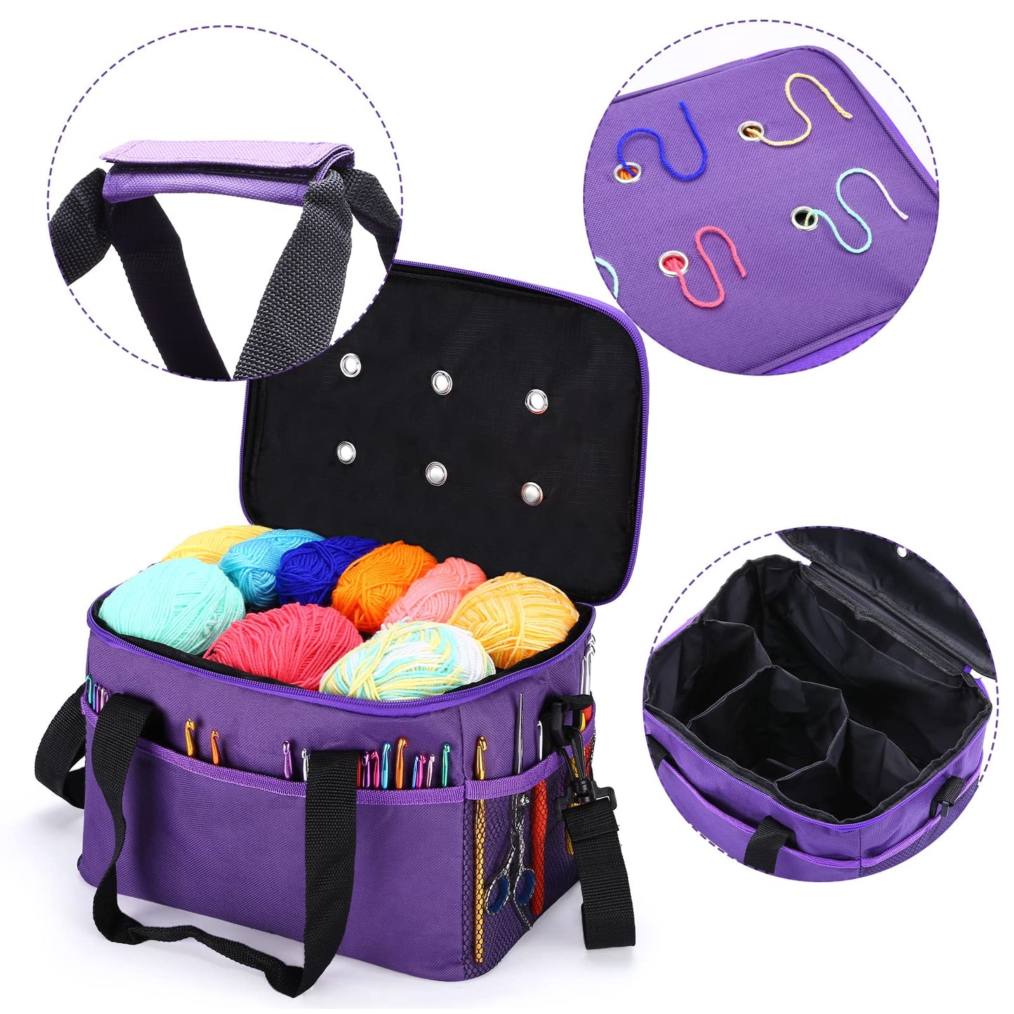Crochet Bag for Beginners, High Capacity Yarn Totes Organizer with Inner Divider Portable for Crochet Hooks, Knitting Needles, Project and Supplies, Purple