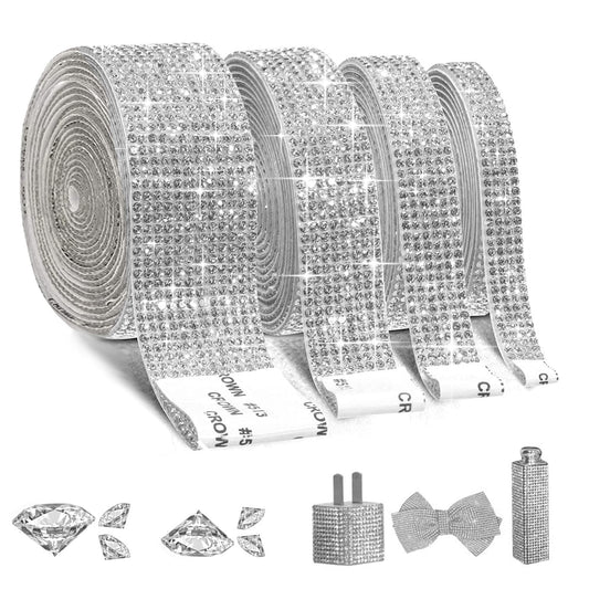 4 Rolls Self-Adhesive Crystal Rhinestone Ribbon, Diamond Bling Ribbons with 2 mm Rhinestones Sticker for Arts Crafts Wedding Birthday Party DIY Event Car Phone Decoration(Silver)