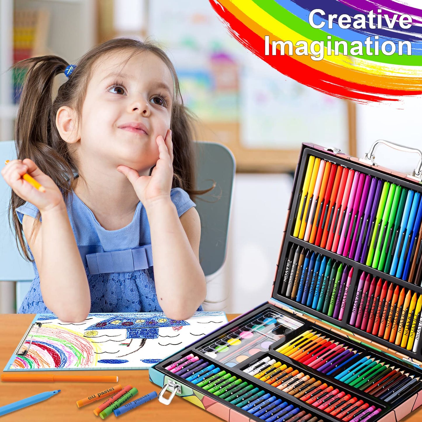 Art Supplies, 180 Piece Drawing Painting Art Kit with Clipboard and Coloring Papers, Gifts Art Set Case with Oil Pastels, Crayons, Colored Pencils, Watercolor Cakes