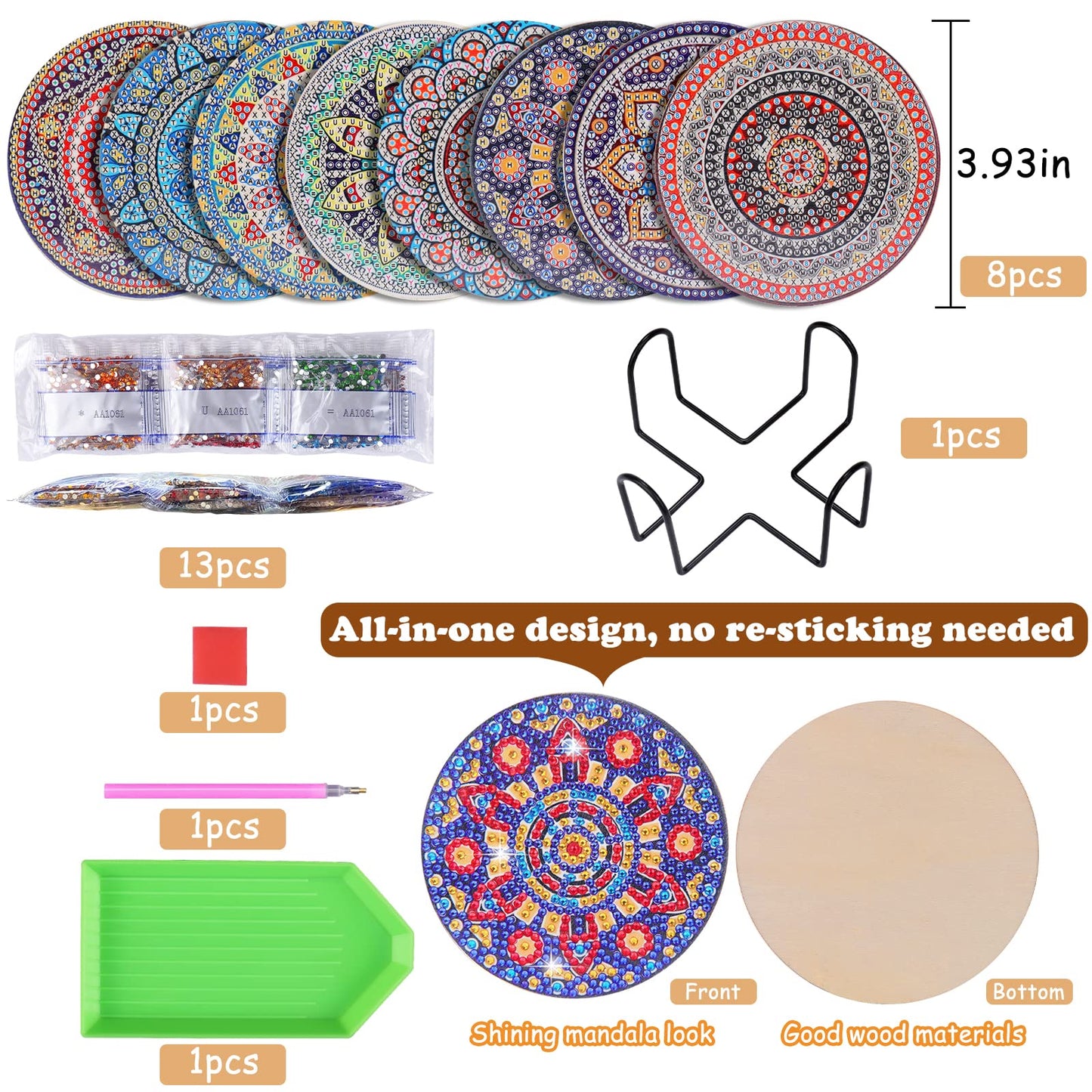 8 Pcs Coasters with Holder, Mandala DIY Diamond Art Crafts for Adults, Small Diamond Painting Kits Accessories