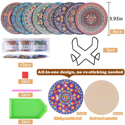8 Pcs Coasters with Holder, Mandala DIY Diamond Art Crafts for Adults, Small Diamond Painting Kits Accessories