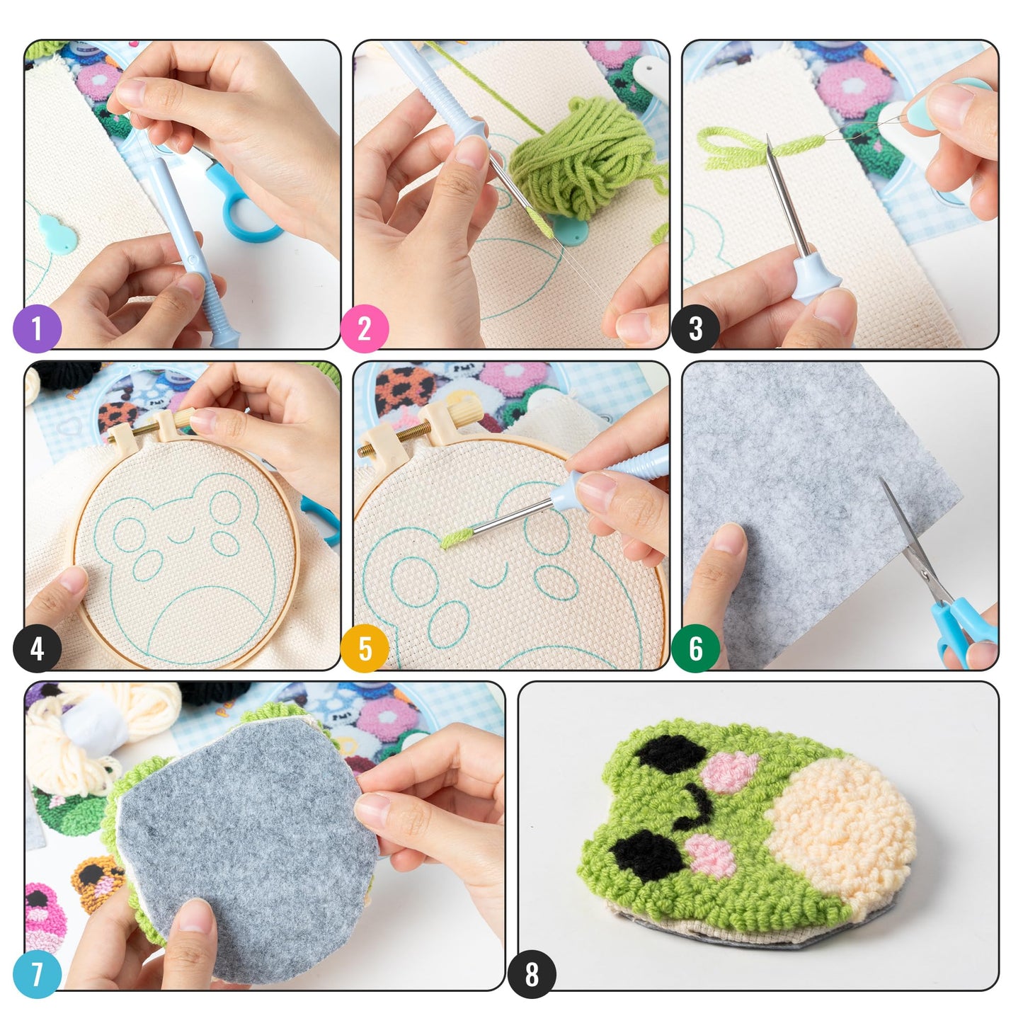 Frog Punch Needle Coaster Kit - 22Pcs Crafts Punch Needle Coasters Kits for Beginners, 6 Colors Frog Coaster Tufted Rug Pads with Adhesive Felt Yarns Embroidery Hoop Instruction