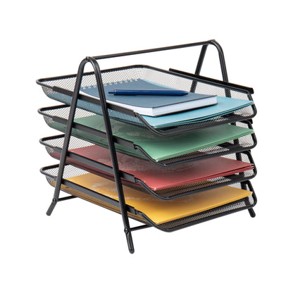 4-Tier Paper Tray, Desktop Organizer, File Storage, Workspace, Office, Metal Mesh, 11.75"L x 13.75"W x 12.5"H, Black