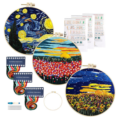 3 Sets Embroidery kit for Beginners Adults,Embroidery Kit Punch Needle Kit Cross Stitch Kits with Embroidery Hoop and Instructions,Hand Embroidery Starter Kit (Garden Scenery)