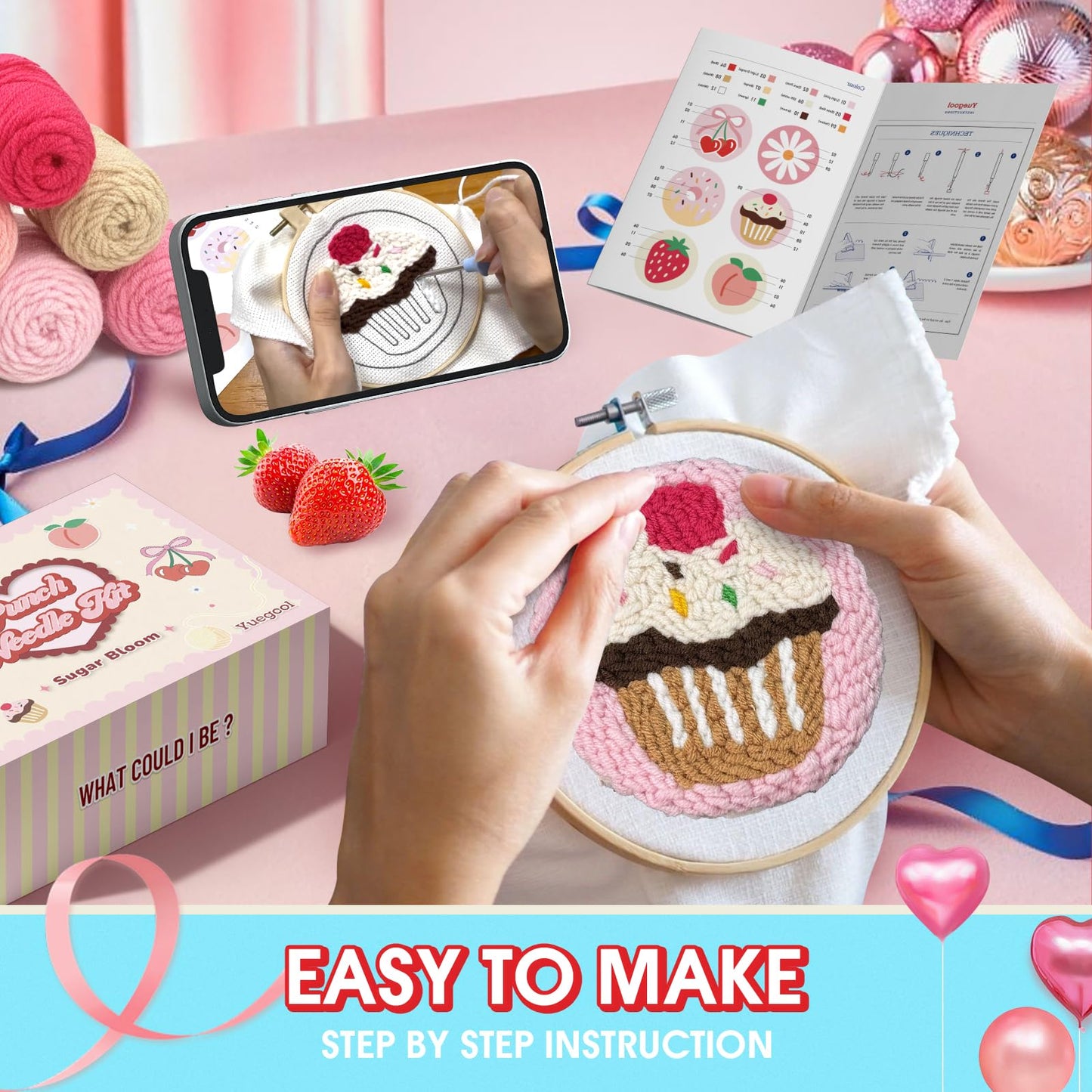 6PCS Punch Needle Coaster Kit,Easy DIY Embroidery Set for Beginners, Kids & Adults,Mother's Day Gift with Patterns, Tools, Yarns, Hoop, Instructions & Coaster Holder